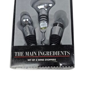 The Main Ingredients Set of 3 Wine Stoppers & Corkscrew Chrome Style 127H803 NEW